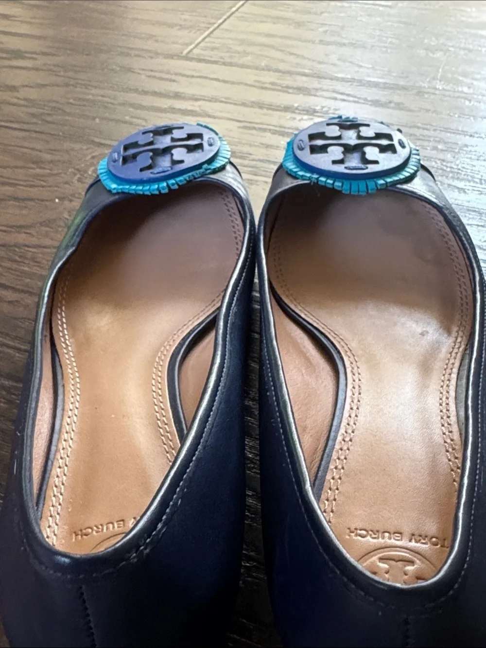 Tory Burch Navy Leather Ballet Flats with Turquoise Logo